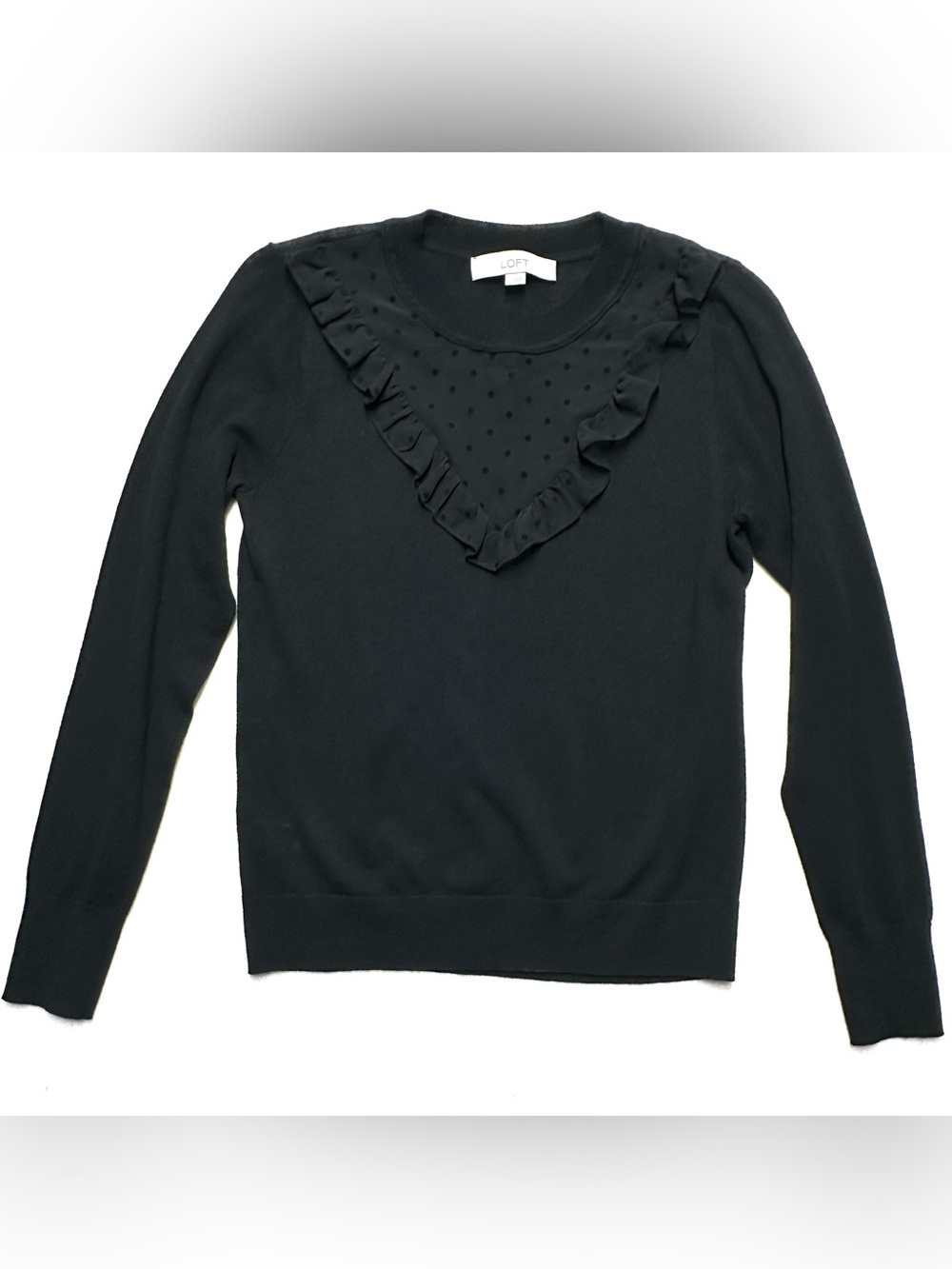 LOFT Black Swiss Dot Mesh Ruffle Yoke Long Sleeve Sweater Small